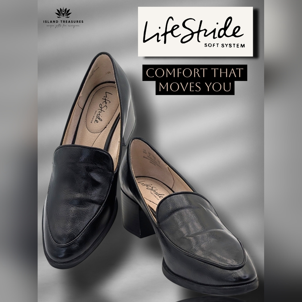 Life Stride Soft System Devyn Size 9M Women's Black Block-Heel Cushioned Loafers